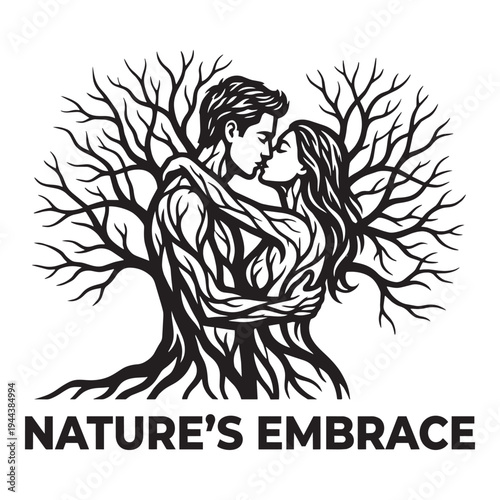 Couple Merging into Tree Roots Natures Embrace Romance Vector
