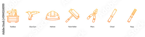 Toolbox Set web banner icon vector illustration featuring Toolbox, Glue Gun, Helmet, Paint Roller, Pliers, Chisel, and Rasp.
