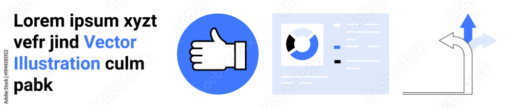 Obraz premium Digital communication, business analysis, navigation, feedback, decision-making, performance tracking. Thumbs-up, chart and road sign with arrow. Communication and business analysis