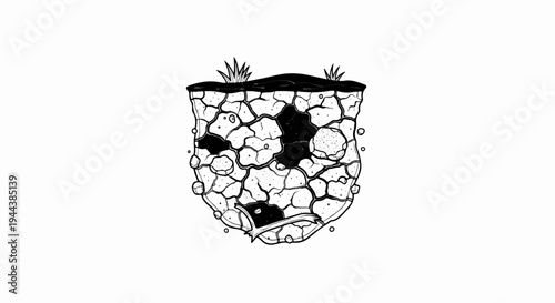 Cracked earth cross-section with grass and dark soil patches