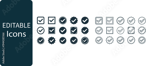 Set of check mark icons, tick symbols, approval signs, and checkbox elements in solid and outline styles
