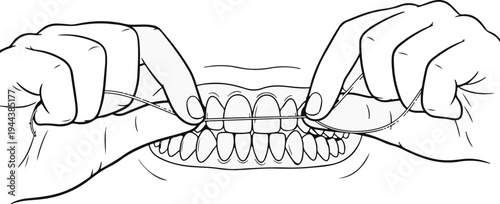 Close-up illustration of hands flossing teeth, showing dental hygiene