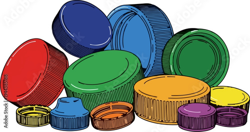 Colorful plastic bottle caps are piled together