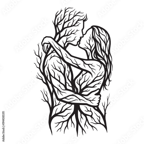 Romantic Couple Silhouette Made of Tree Roots Branches Vector