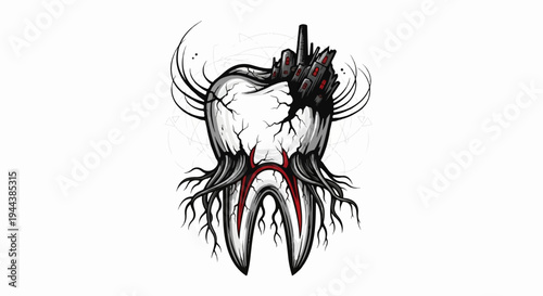 Cracked tooth with roots growing like trees, topped with a grim cityscape
