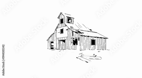 Dilapidated, weathered barn with broken roof and walls, stark sketch