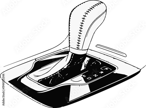 Close-up sketch of a leather-wrapped automatic car gear shift with marked positions