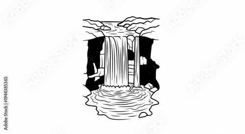 Detailed line art of a cascading waterfall and rocky gorge, black and white