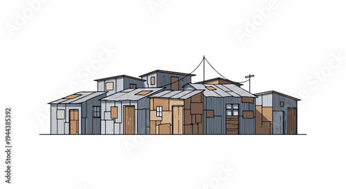 Dilapidated corrugated metal structures with various sized windows and doors