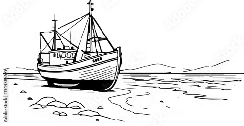 Drawing of a fishing boat beached on a sandy shore with calm water in background