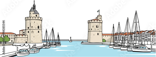 Coastal city scene with historic towers, sailboats, and boats docked in a harbor