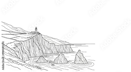 Coastal cliff with lighthouse overlooking choppy waters and sea stacks