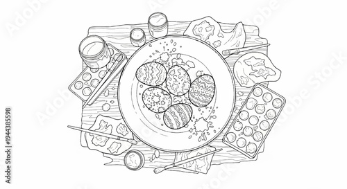 Drawing of patterned eggs on a plate with paint supplies