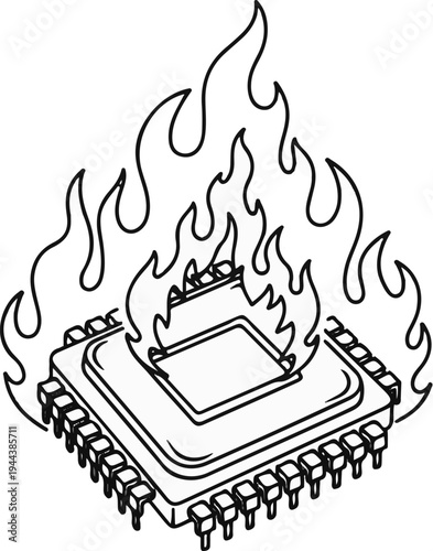 Computer chip engulfed in flames, indicating overheating or malfunction