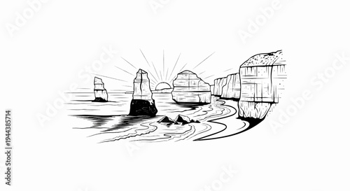 Dramatic rocky coastline with a sunburst over the ocean and crashing waves