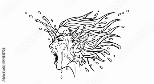 Dramatic face contorted in agony, water splashing from head, linework