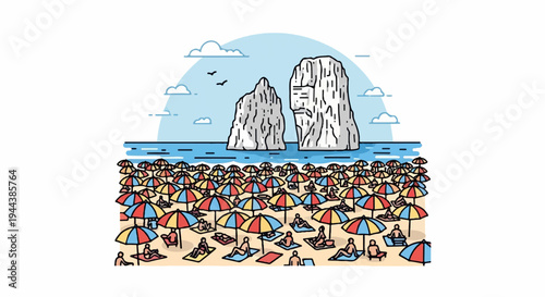 Crowded beach with colourful umbrellas, sunbathers, and rocky sea stacks
