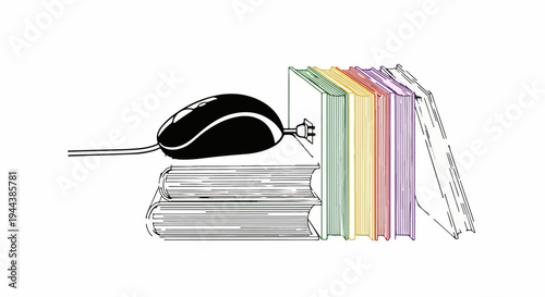Computer mouse interacting with a stack of colorful books