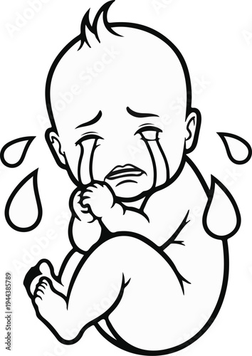 Crying baby in fetal position, tears flowing, arms crossed over face