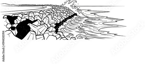 Concrete wave breakers line the coast with ocean waves crashing onto shore