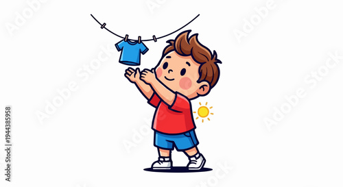 Cute boy reaching for a blue t-shirt drying on a clothesline