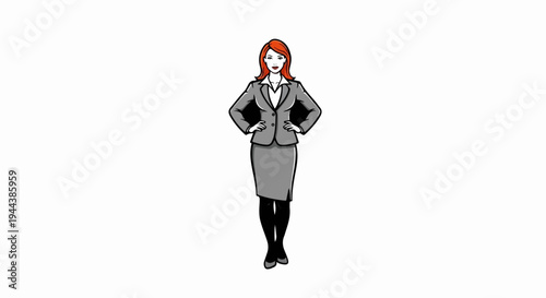 Confident businesswoman in grey suit, red hair, standing with hands on hips