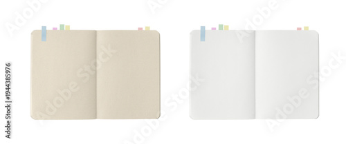 Overhead shot of two open notebook pages on a desk, one with clean white paper and one with kraft brown paper. Both notebook have sticky notes attached. 