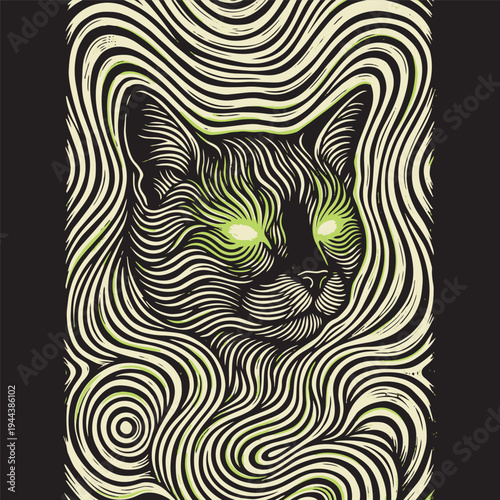 Hypnotic Optical Illusion Swirling Line Art Cat Vector