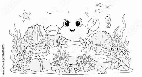 Cute cartoon crab in a vibrant coral reef with fish and seahorse