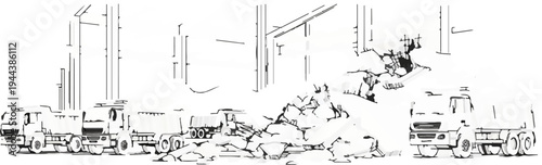 Construction site with dump trucks and debris pile, stylized black and white drawing