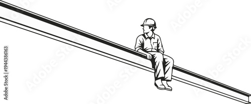 Construction worker in hard hat pauses on steel beam high above