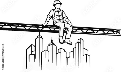 Construction worker in hard hat sitting on girder above city skyline