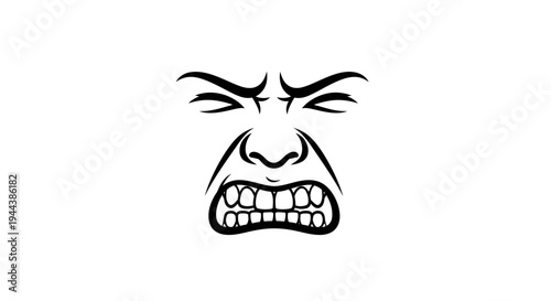 Angry Face Illustration, Aggressive Expression, Gritted Teeth, Intense Emotion, Black and White Line Art