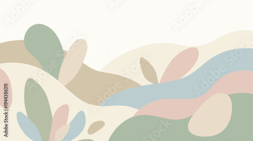 Abstract organic shapes in soft pastel colors create modern artistic landscape