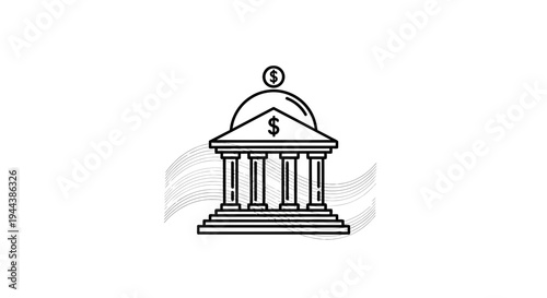 Bank Building Icon with Dollar Sign and Coin, Financial Institution Symbol