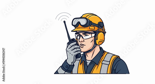Construction worker with hard hat, goggles, and radio
