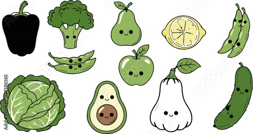 Cute cartoon vegetables and fruits with smiling faces