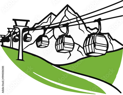 Cable cars ascend over green hills toward jagged mountain peaks