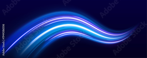 Blue neon waves ripple through the darkness like digital currents. Sparkling dots follow the motion path in a flowing pattern.