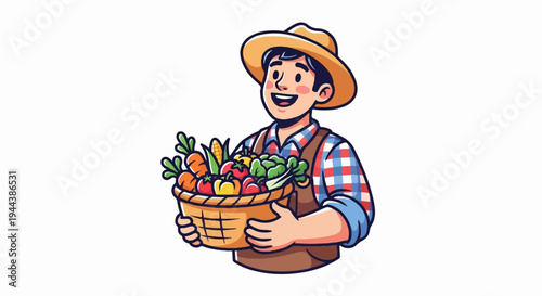 Cheerful farmer holding a basket brimming with fresh, colorful produce