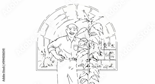 Cheerful gardener poses happily with lush plants in a greenhouse setting