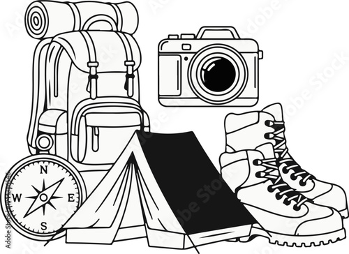 Camping gear including backpack, tent, boots, compass, and camera