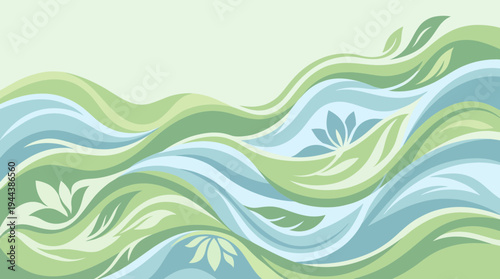 Elegant green and blue wave pattern with floral accents