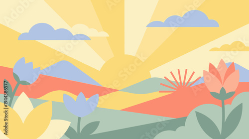 Vibrant sunrise landscape with colorful flowers and mountains