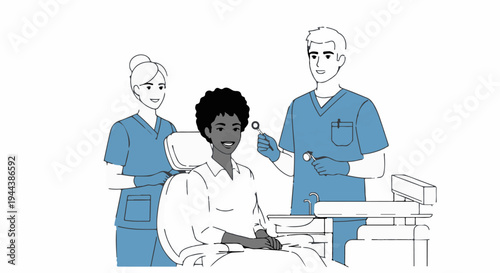 Cheerful patient in dental chair with two smiling dental professionals