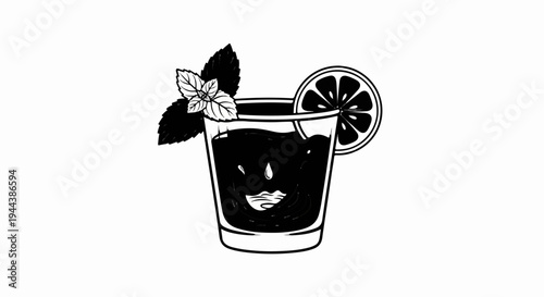 Dark beverage in glass with lemon slice, mint sprigs, and splash