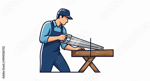 Carpenter with saw cutting wood on sawhorse