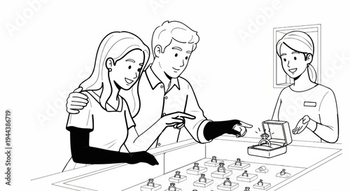 Couple looking at rings with salesperson in jewelry store