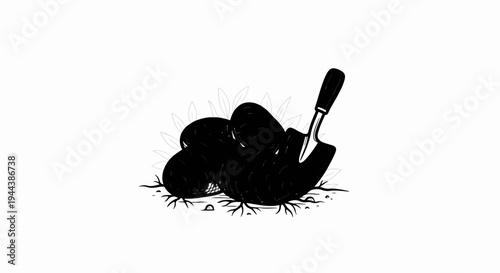 Dark, earthy, root vegetables clustered with a small garden trowel