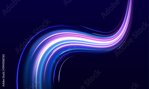 Flowing neon waves sweep across a dark background, leaving bright motion trails and sparkling particles. The effect feels futuristic, energetic, and digital.